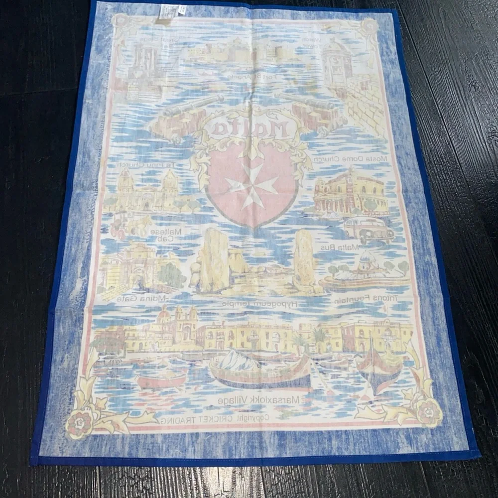 Vintage cricket Tea Towel Souvenir MALTA Landmarks‎